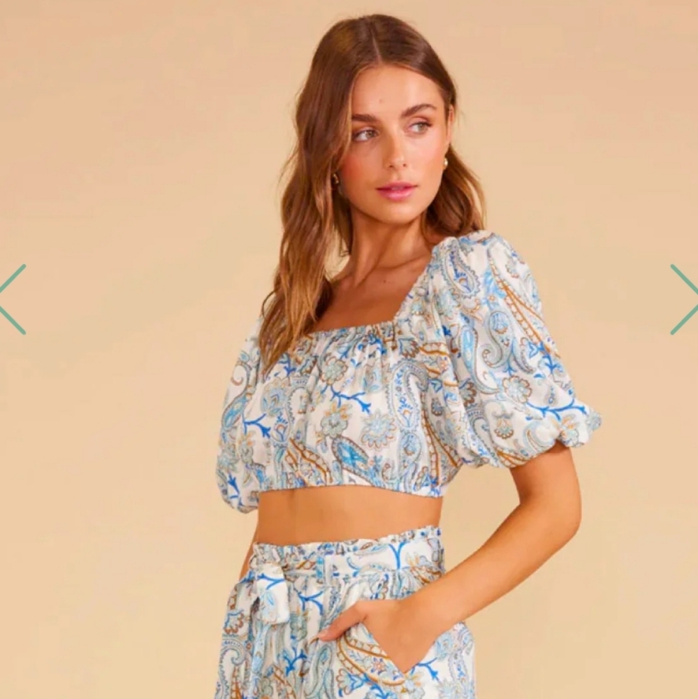 MINKPINK Marianna Blue Crop Top with Puffed Sleeves